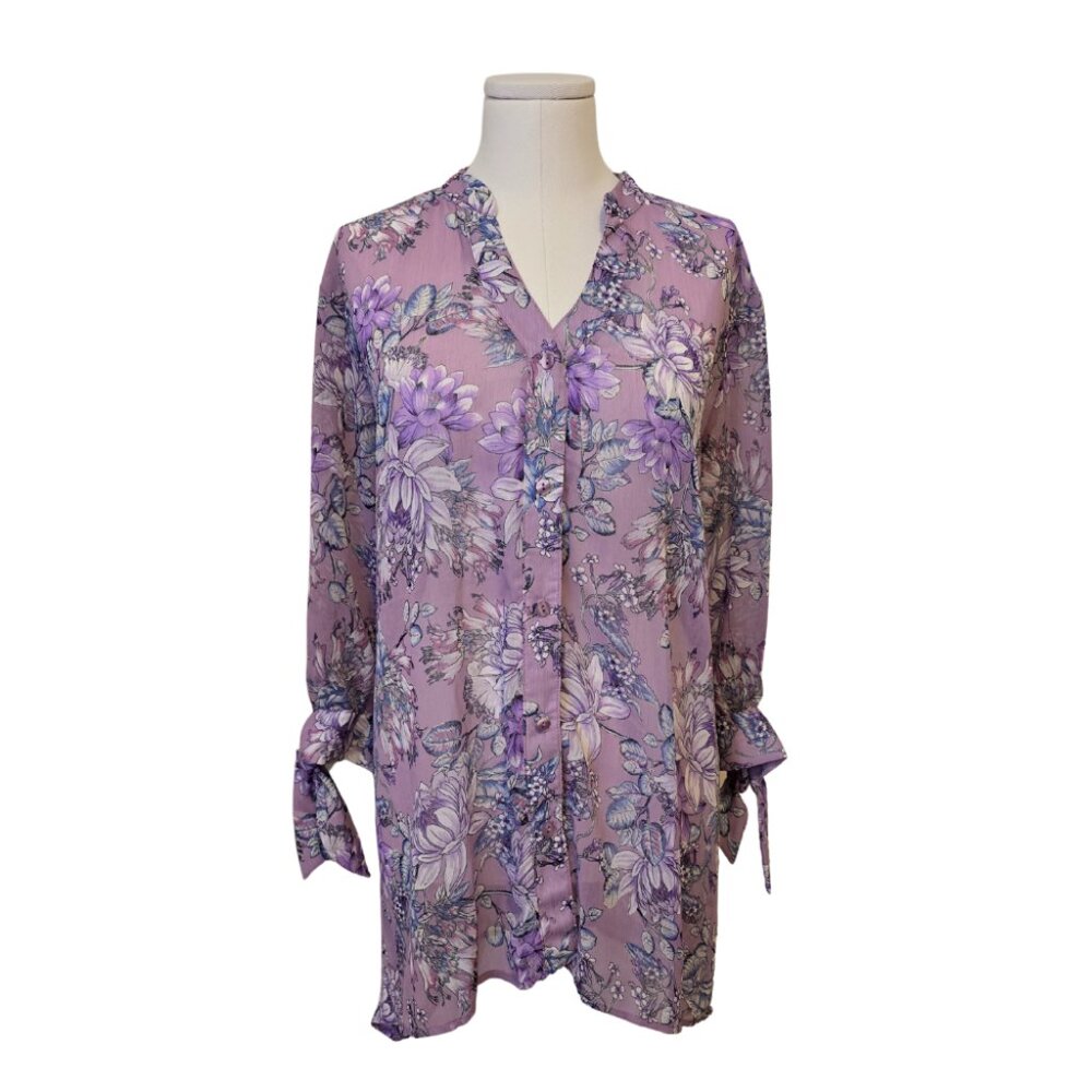 Womens Bellina Purple Floral Blouse Long Sleeve Sheer Summer Cottage Sz XL